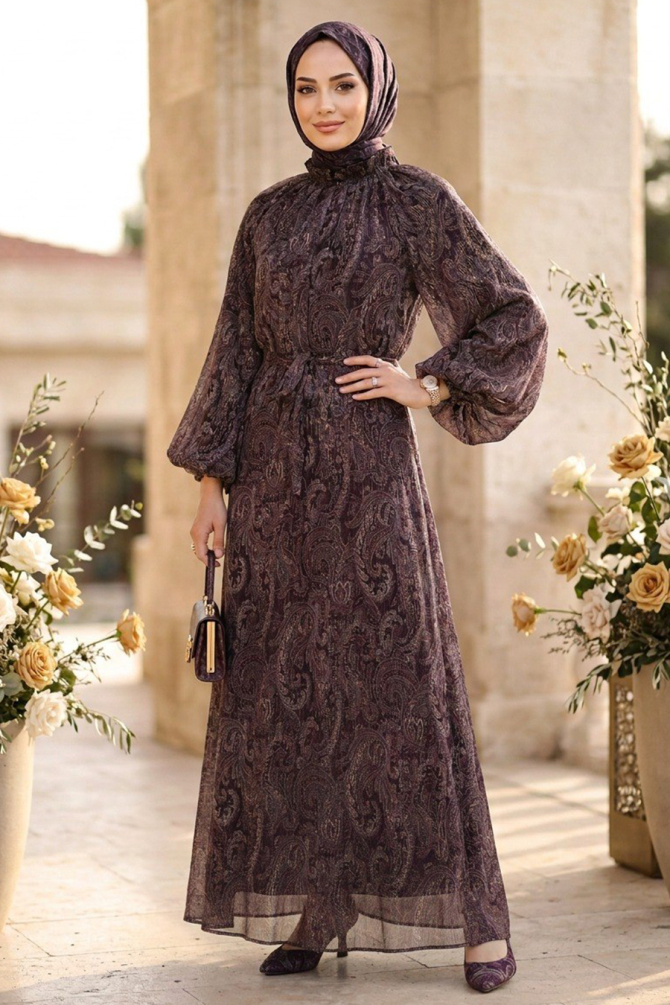 Şal Desenli Büzgü Yaka Kuşaklı Şifon Siyah Tesettür Elbise 82901S - N.S NEVA STYLE