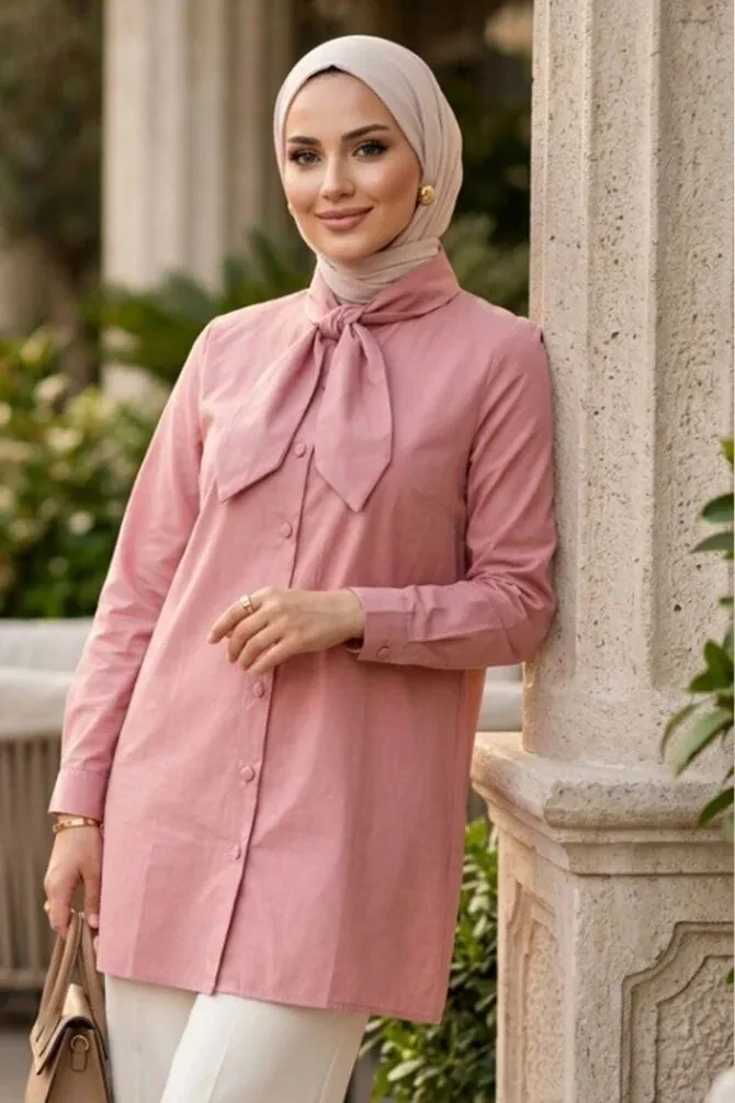 Şal Yaka Pudra Tesettür Tunik 27012PD - 1
