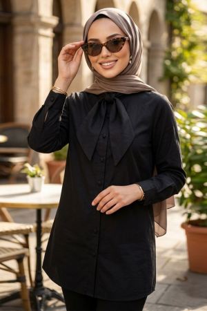 Şal Yaka Siyah Tesettür Tunik 27012S - 1