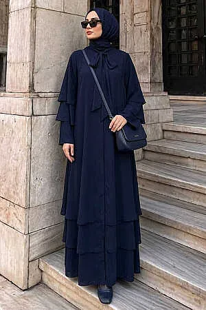 Şallı Katlı Kol Detaylı Lima Lacivert Tesettür Şallı Abaya Takım 7052L 