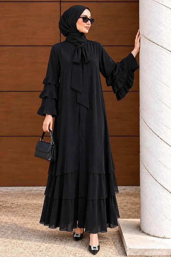 Şallı Katlı Kol Detaylı Lima Siyah Tesettür Şallı Abaya Takım 7052S - 1