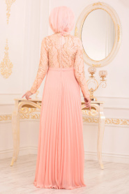 Salmon Pink Hijab Evening Dress 8384SMN - Thumbnail