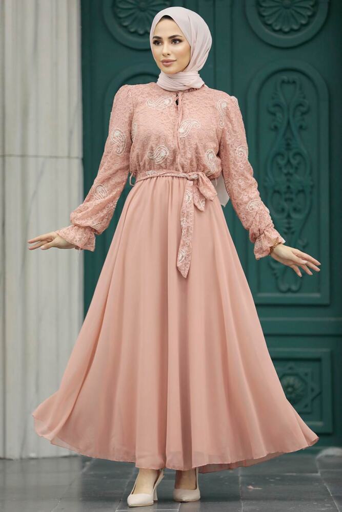 Salmon Pink Hijab Dress 12170SMN - NEVA STYLE
