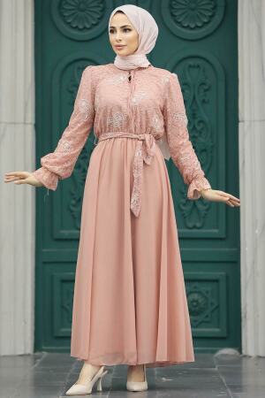 Salmon Pink Hijab Dress 12170SMN - 3