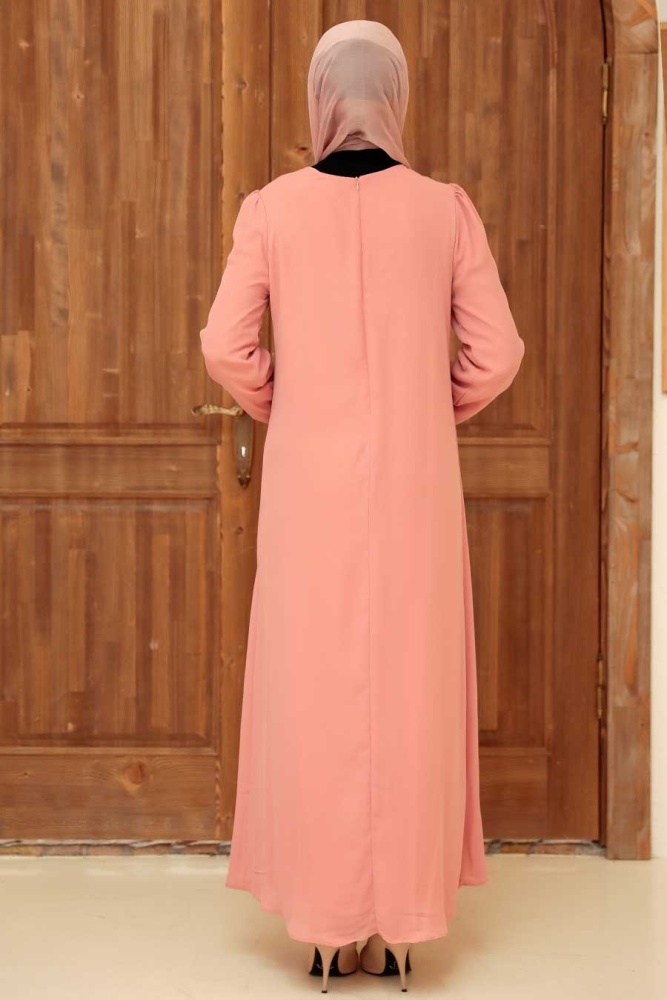 Neva Style - Modern Salmon Pink Islamic Long Sleeve Dress 12951SMN - 2