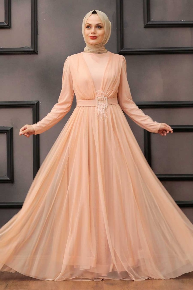 Salmon Pink Hijab Evening Dress 23341SMN - 2