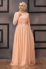 Salmon Pink Hijab Evening Dress 23341SMN - Thumbnail
