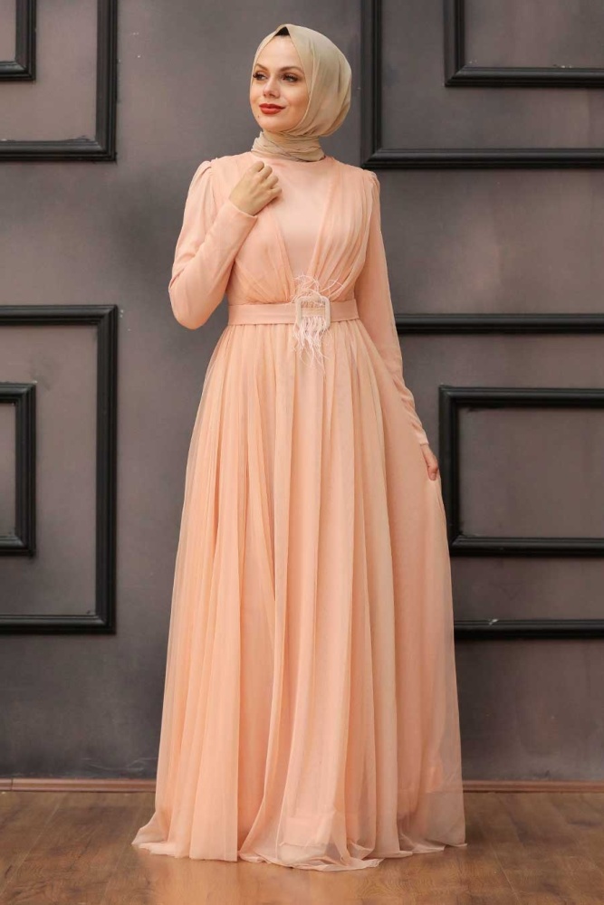 Salmon Pink Hijab Evening Dress 23341SMN - 3
