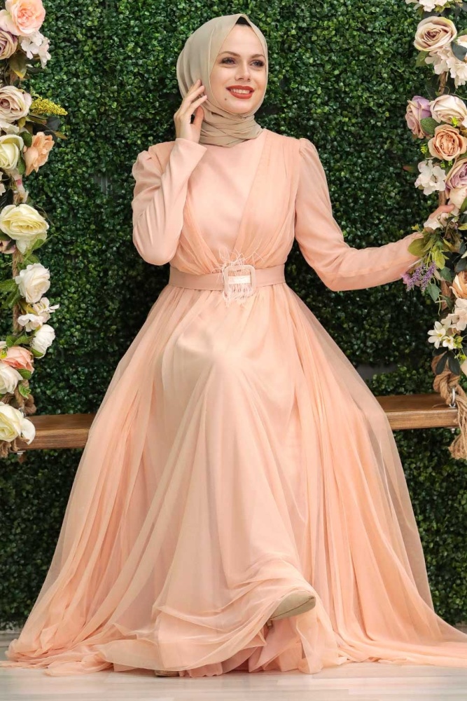 Salmon Pink Hijab Evening Dress 23341SMN - 4