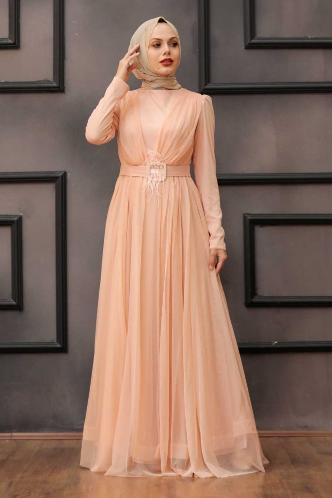 Salmon Pink Hijab Evening Dress 23341SMN - 5