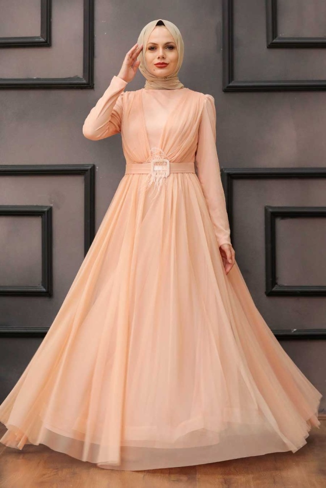 Salmon Pink Hijab Evening Dress 23341SMN - 1