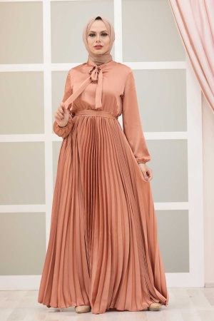Neva Style - Satin Salmon Pink Islamic Clothing Engagement Dress 3031SMN - 1