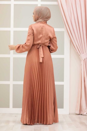 Neva Style - Satin Salmon Pink Islamic Clothing Engagement Dress 3031SMN - 2