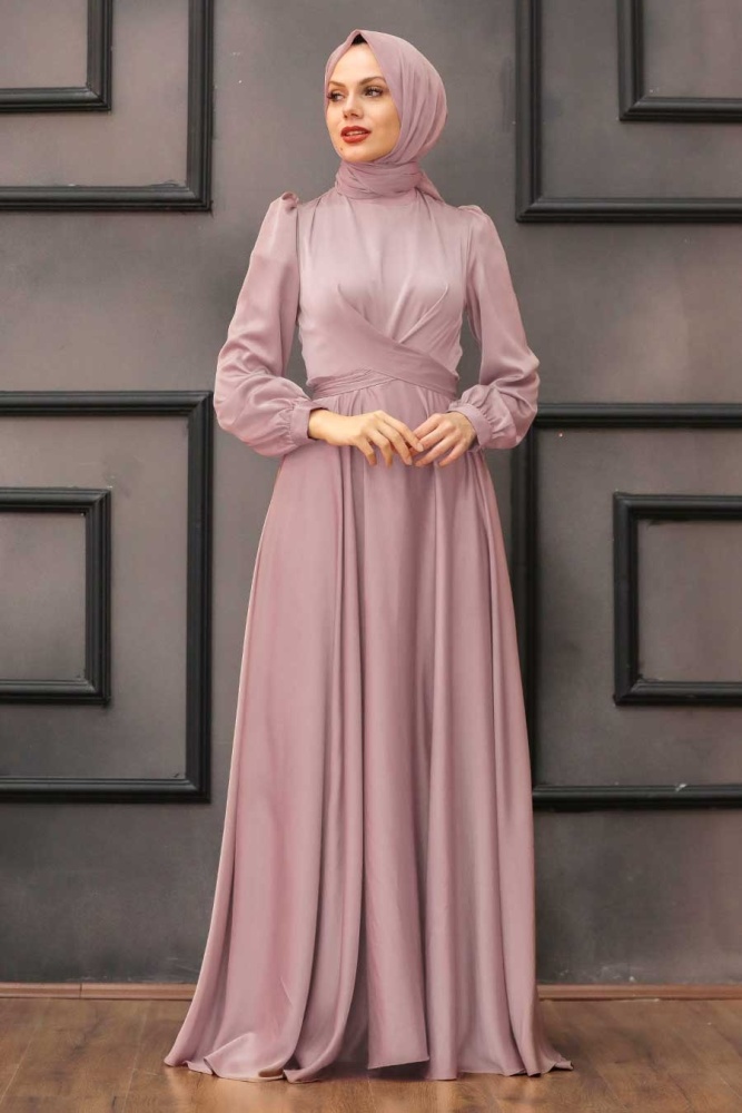 Neva Style - Satin Salmon Pink Modest Islamic Clothing Wedding Dress 3064SMN - 1