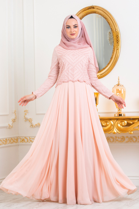 Salmon Pink Hijab Evening Dress 3126SMN