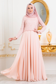 Salmon Pink Hijab Evening Dress 3126SMN - Thumbnail