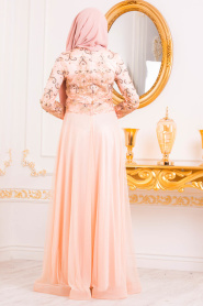 Salmon Pink Hijab Evening Dress 31750SMN - Thumbnail
