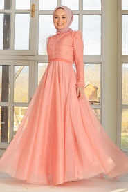 Salmon Pink Hijab Evening Dress 32670SMN - Thumbnail