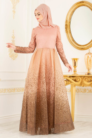 Salmon Pink Hijab Evening Dress 36502SMN - Thumbnail