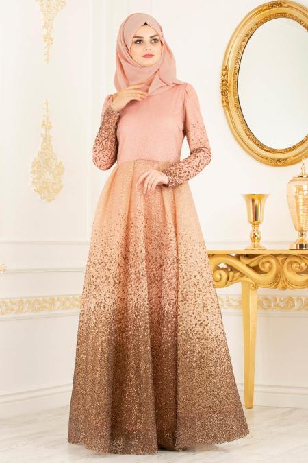 Salmon Pink Hijab Evening Dress 36502SMN - 2