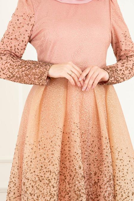 Salmon Pink Hijab Evening Dress 36502SMN - 3