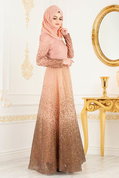 Salmon Pink Hijab Evening Dress 36502SMN - 4