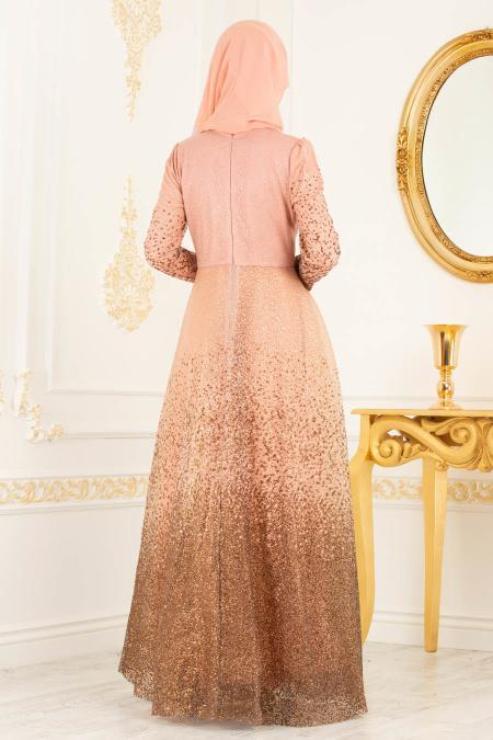 Salmon Pink Hijab Evening Dress 36502SMN - 5