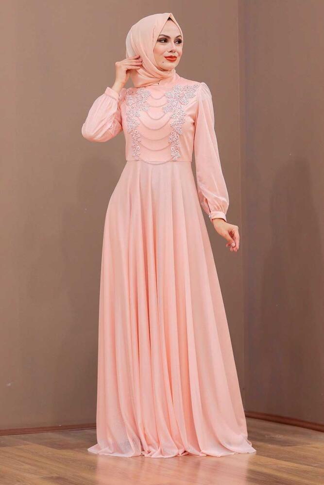 Salmon Pink Hijab Evening Dress 39490SMN - 1