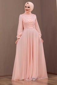 Salmon Pink Hijab Evening Dress 39490SMN - Thumbnail