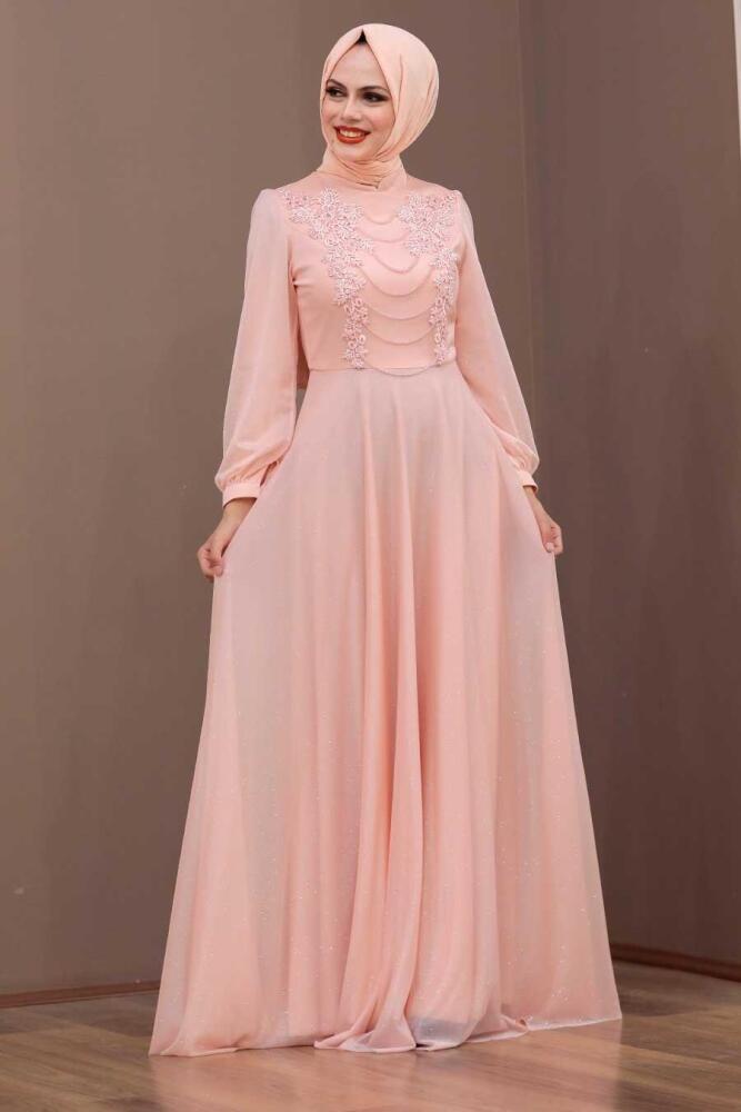 Salmon Pink Hijab Evening Dress 39490SMN - 2