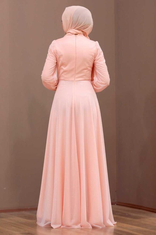 Salmon Pink Hijab Evening Dress 39490SMN - 3