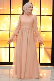Salmon Pink Hijab Evening Dress 40420SMN - Thumbnail