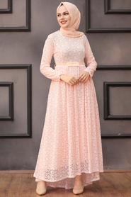 Salmon Pink Hijab Evening Dress 41160SMN - Thumbnail