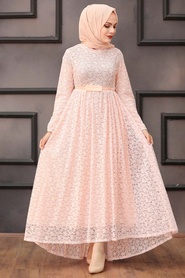 Salmon Pink Hijab Evening Dress 41160SMN - Thumbnail