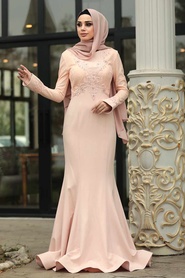 Neva Style - Modern Salmon Pink Hijab Evening Dress 4568SMN - Thumbnail