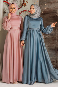 Neva Style - Elegant Salmon Pink Islamic Clothing Evening Gown 5215SMN - Thumbnail