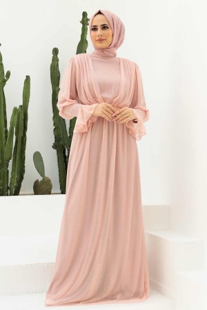 Neva Style - Salmon Pink Turkish Hijab Bridesmaid Dress 5367SMN - Thumbnail