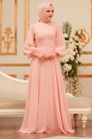 Neva Style - Plus Size Salmon Pink Hijab Engagement Dress 5470SMN - Thumbnail