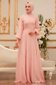 Neva Style - Plus Size Salmon Pink Hijab Engagement Dress 5470SMN - Thumbnail