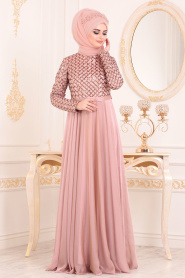Salmon Pink Hijab Evening Dress 8127SMN - Thumbnail
