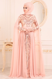 Salmon Pink Hijab Evening Dress 85130SMN - Thumbnail