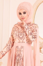 Salmon Pink Hijab Evening Dress 85130SMN - Thumbnail