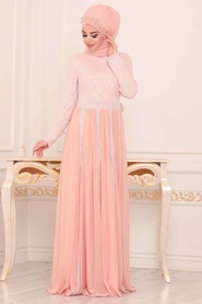 Salmon Pink Hijab Evening Dress 8545SMN - Thumbnail