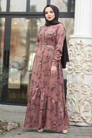 Salmon Pink Hijab Velvet Dress 14981KSMN - Thumbnail