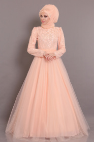 Salmon Pink Hijab Evening Dress 184802SMN - Thumbnail