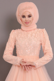 Salmon Pink Hijab Evening Dress 184802SMN - Thumbnail