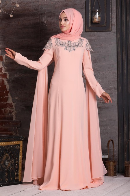 Salmon Pink Hijab Evening Dress 20250SMN