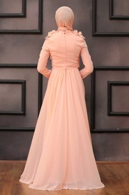 Neva Style - Long Sleeve Salmon Pink Islamic Wedding Gown 2061SMN - Thumbnail