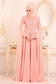 Salmon Pink Hijab Evening Dress 2093SMN - Thumbnail