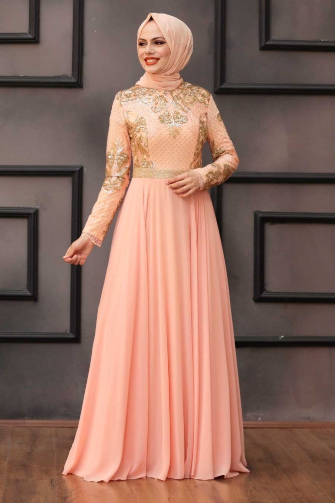 Salmon Pink Hijab Evening Dress 75790SMN - 2